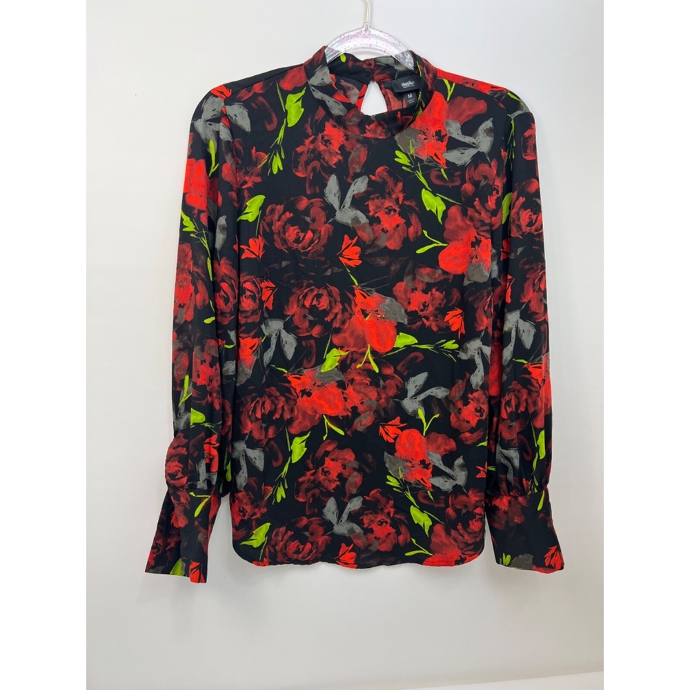 Mossimo Womens Size Medium Red Floral Blouse High‎ Neck with Back Buttons